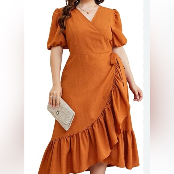 fab'rik Terracotta Wrap Dress with Puff Sleeves - Picture 1 of 8